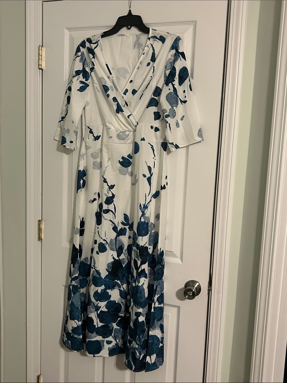 White and Blue Floral Wrap Midi Dress
